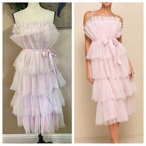 NWOT Lulus Wishing for Whimsy Blush Pink Swiss Dot Ruffle Tiered Midi Dr…